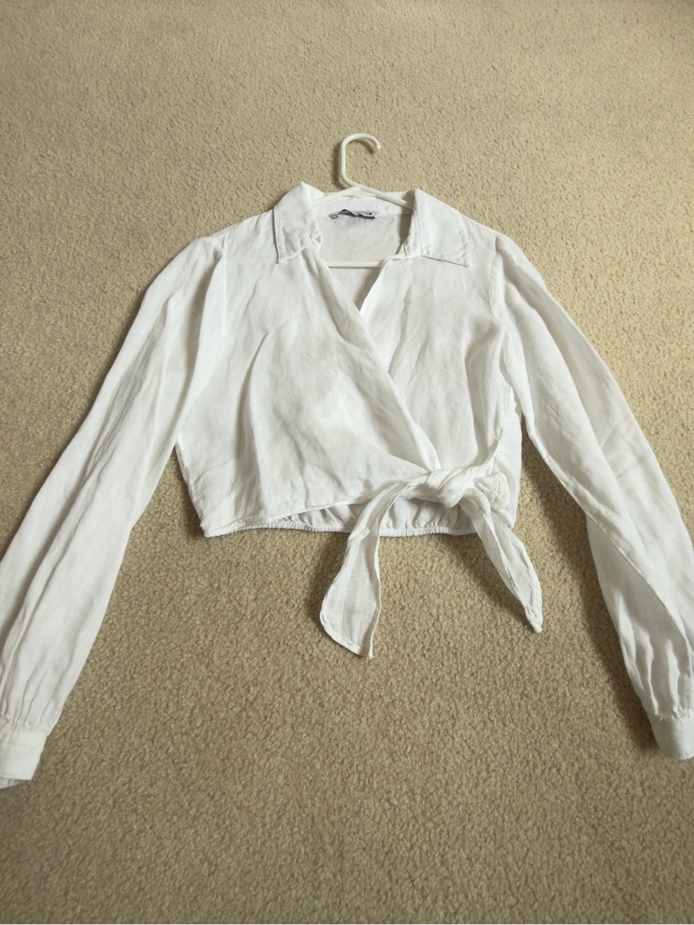 Zara White Cropped Wrap Tie Blouse with Long Sleeves